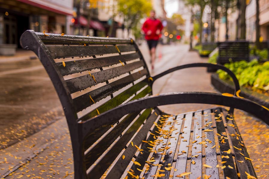 Contact - Closeup View of a Bench in Wisconsin on a Main Street with the Town Blurred in the Background on a Rainy Day