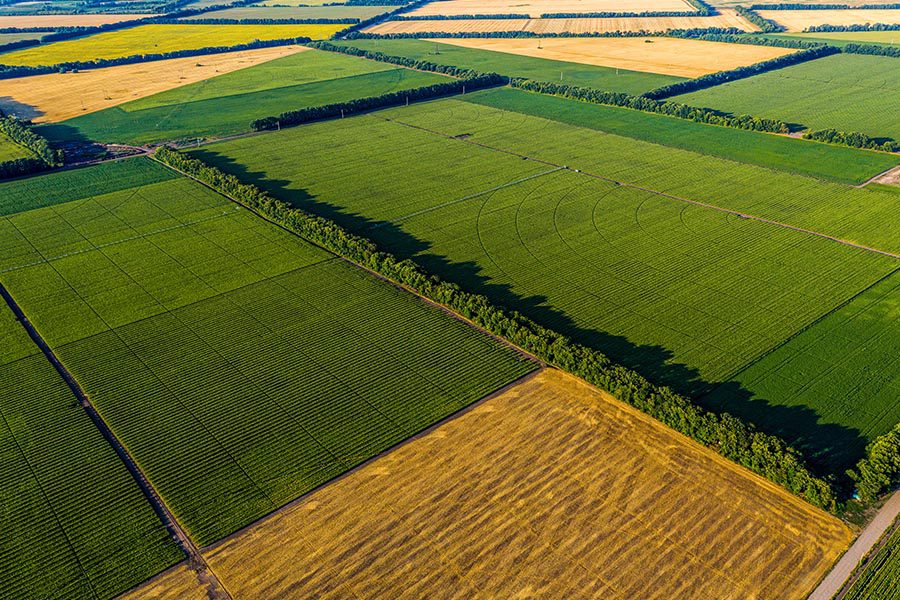 Specialized Business Insurance - Aerial Landscape View of Corn, Sunflowers, and Soybean Fields with Straw Bales of Hay at Sunset